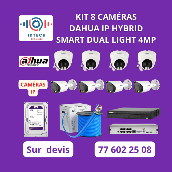 Kit 8 Caméras IP POE Dahua 4MP – ColorVu Smart Dual Light 🌈 Vision Ultra-Claire Jour & Nuit